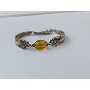 Vintage Silverplate Spoon Jewelry Bracelet Amber Bead Accent Art Deco